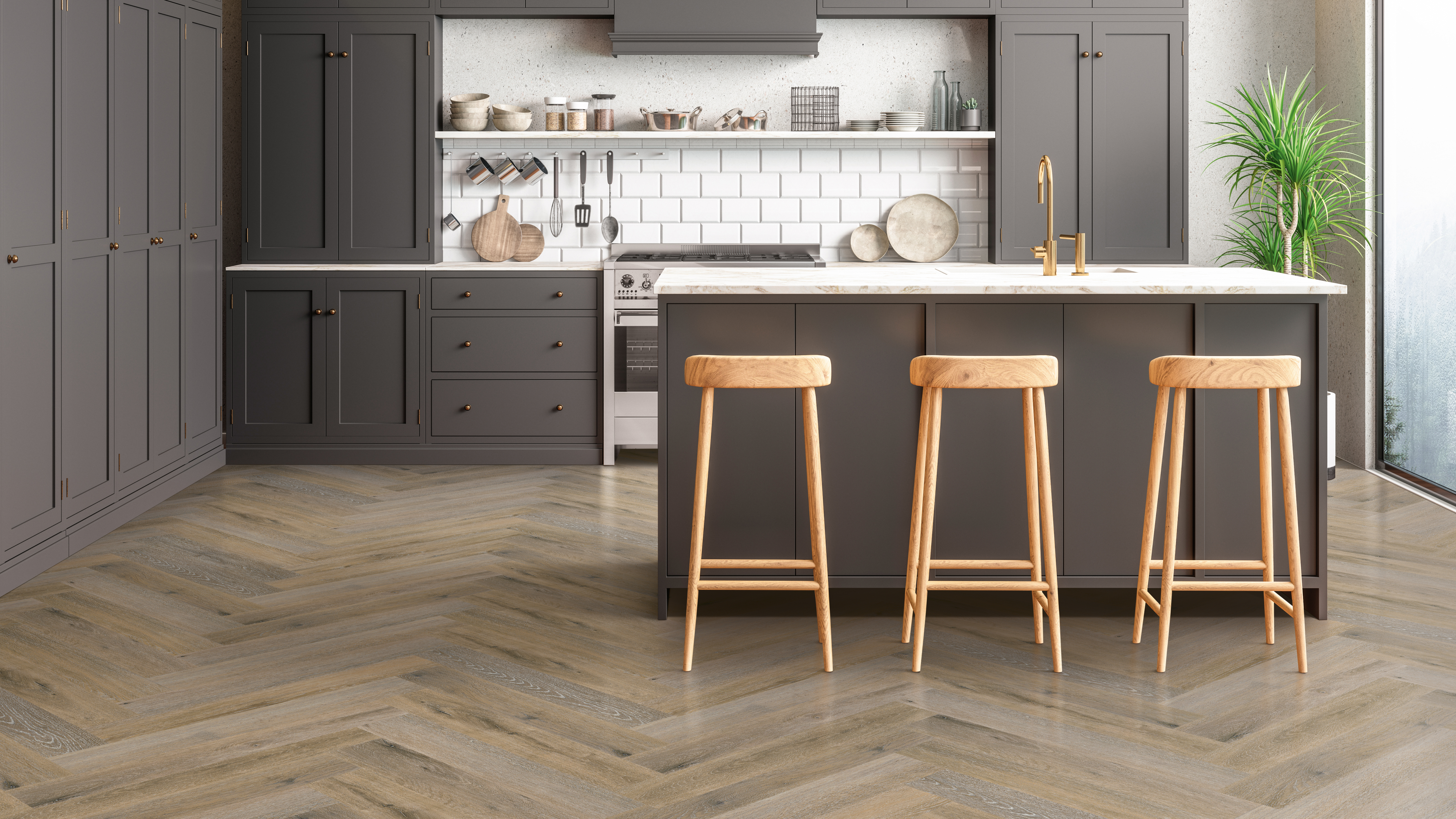 Timber-Herringbone Beechwood LVT by Downs H2O in kitchen setting