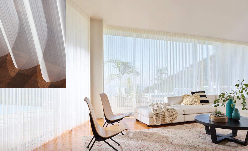 panoramic window with privacy shades in living room