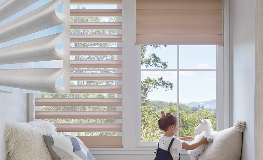 Child playing with unicorn in front of window with piroutte shades