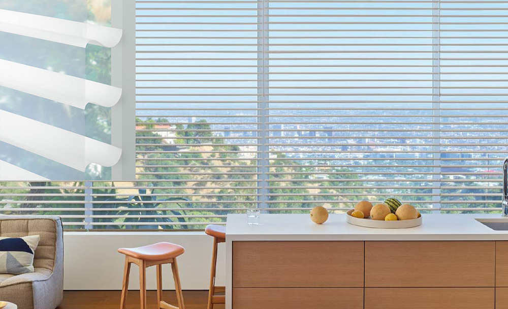 sheer shades open with a view out the window of the city.