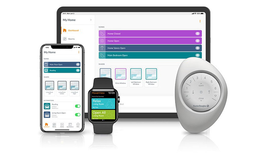 motorized window treatment control apps on phone laptop and watch.