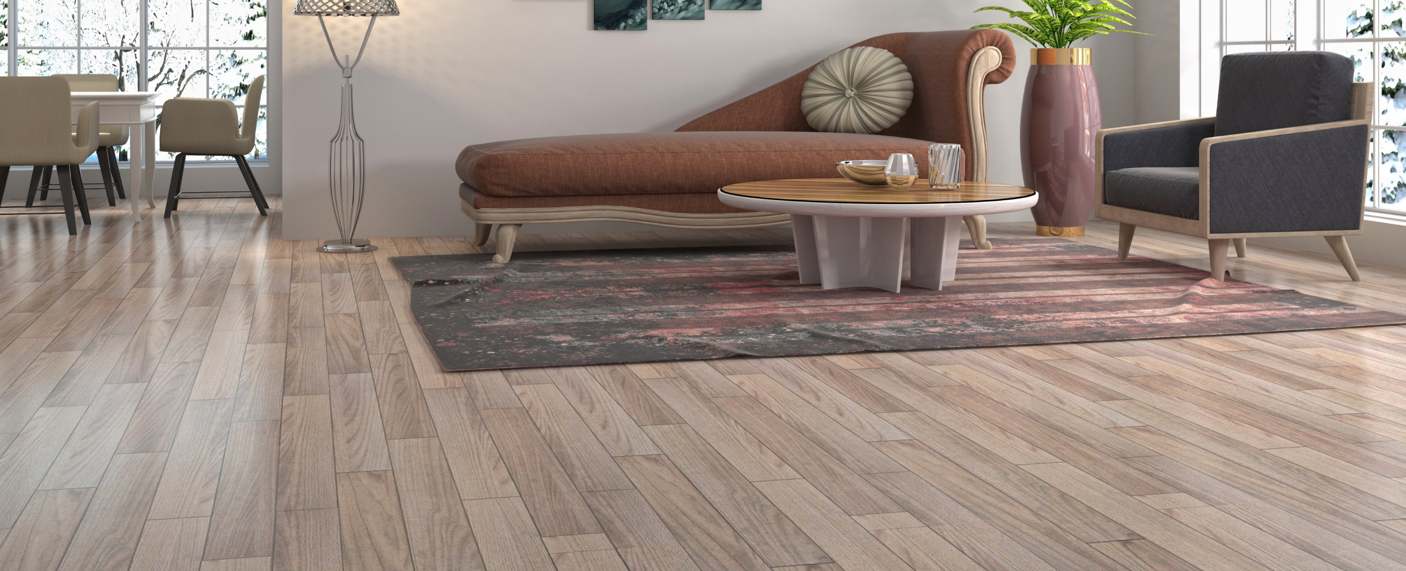 wood flooring in living area with chaise lounge